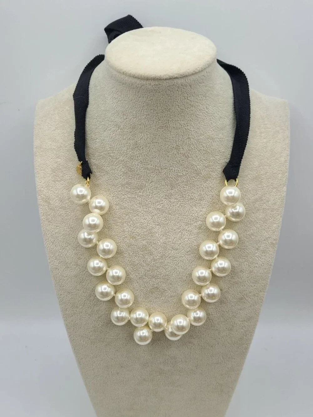 J Crew Faux Pearl Necklace with Black Ribbon Tie